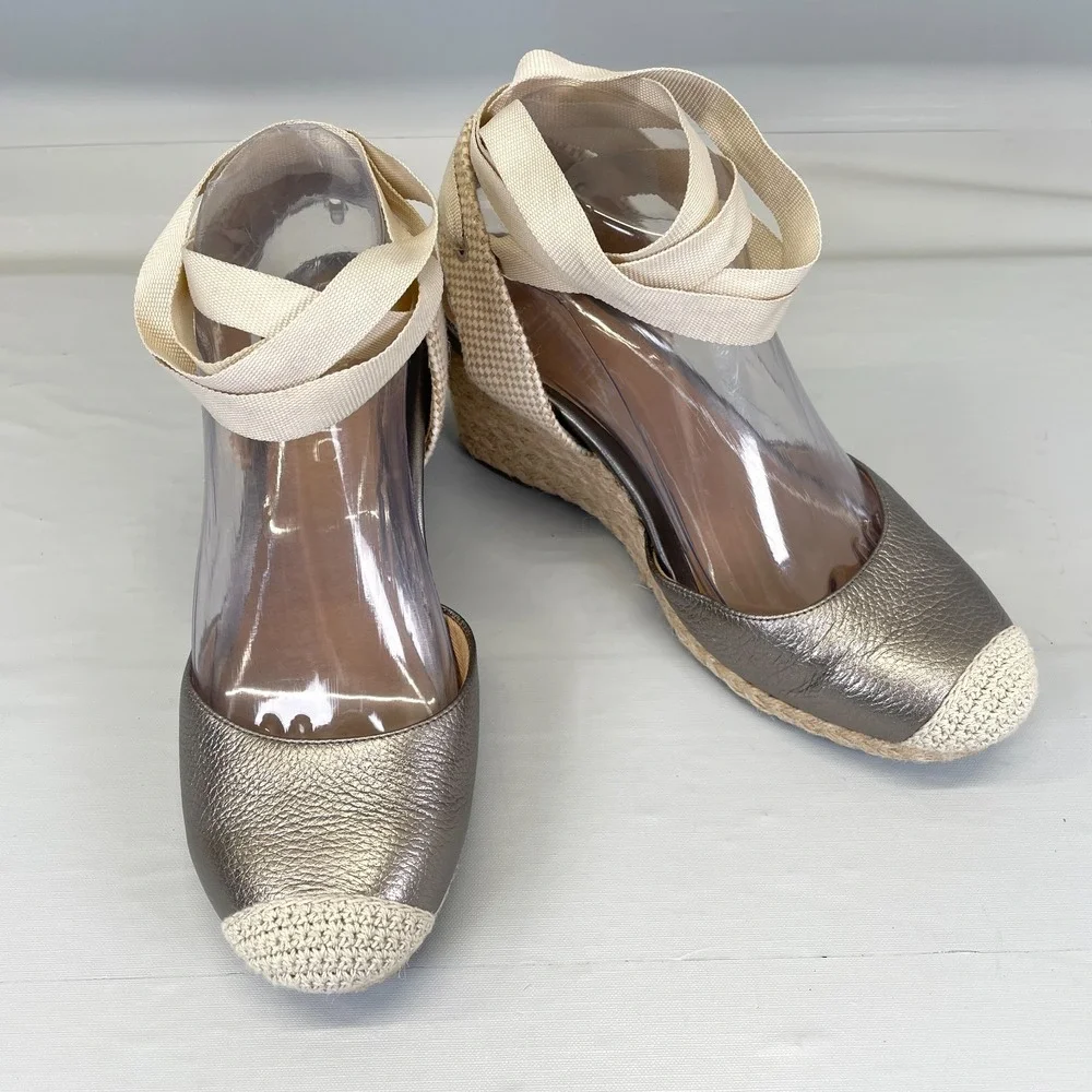 Vionic Maris Espadrille Wedge Sandals Womens Size 6.5 Wide Gray Leather Shoes